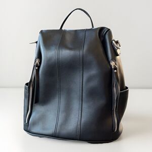 S-Zone Black Leather Backpack Satin Lined